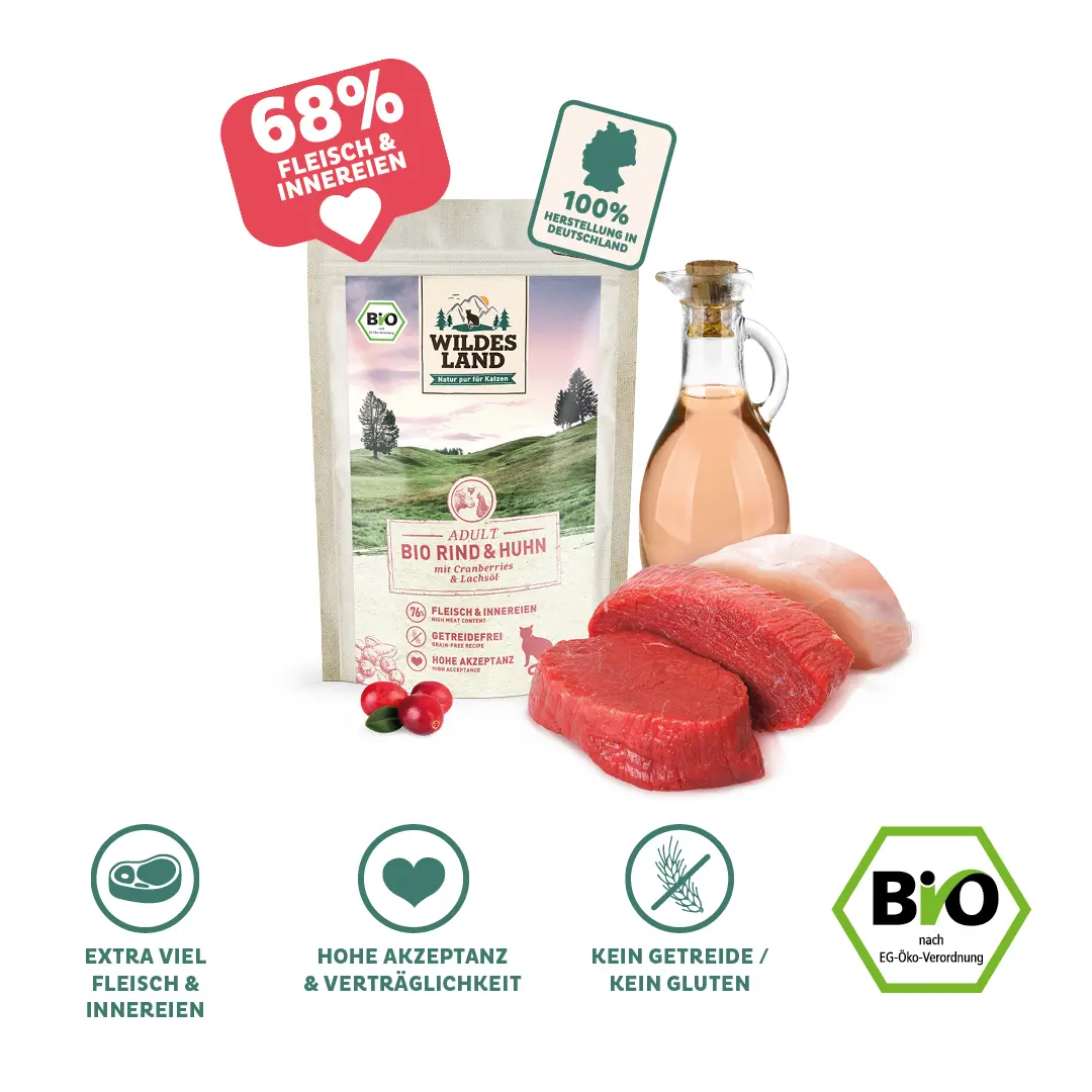 Eine Tüte Bio Katzenfutter Rind und Huhn von Wildes Land: 76% Fleisch & Innerein, 100% hergestellt in Deutschland, Extra viel Fleisch & Innerein, Kein Getreide, Hohe Akzeptanz, Bio